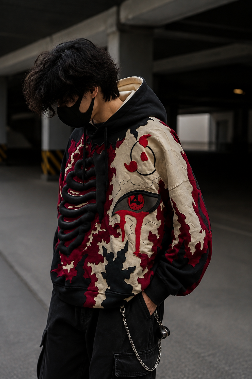 Side profile of Noctra Crimson Eclipse oversized streetwear hoodie