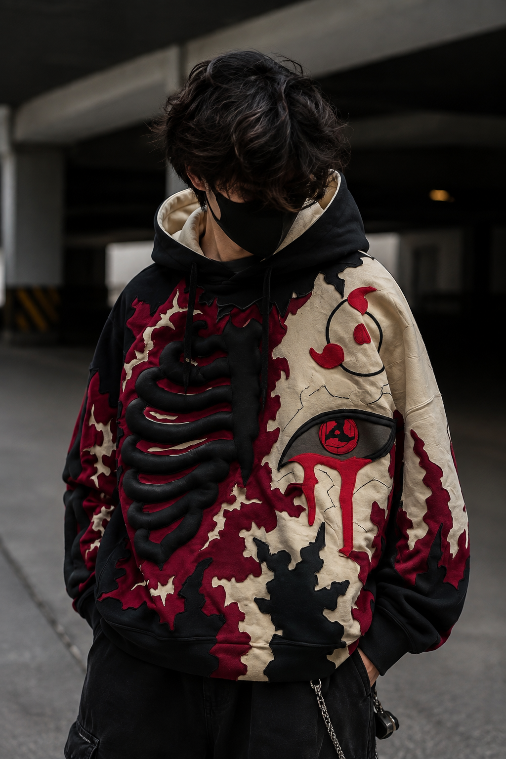 Model wearing Noctra Crimson Eclipse oversized heavyweight hoodie