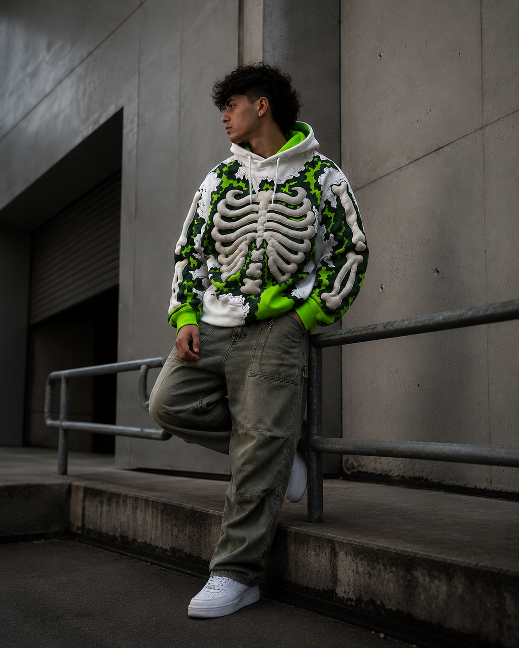 Model wearing Noctra Venom Core heavyweight skeleton hoodie