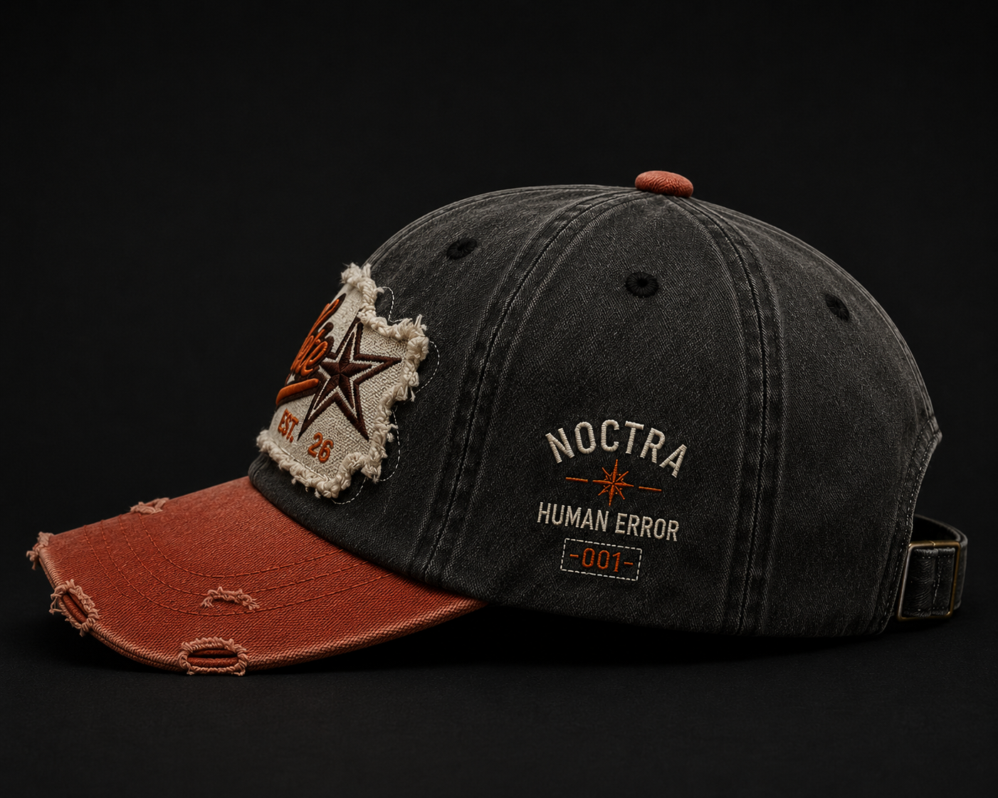 Noctra Outlaw 01 vintage distressed cap left side embroidery