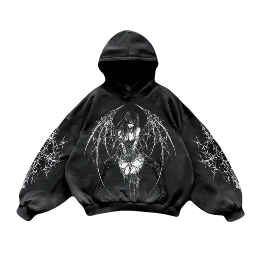 Noctra Forsaken Angel black gothic oversized hoodie with angel graphic