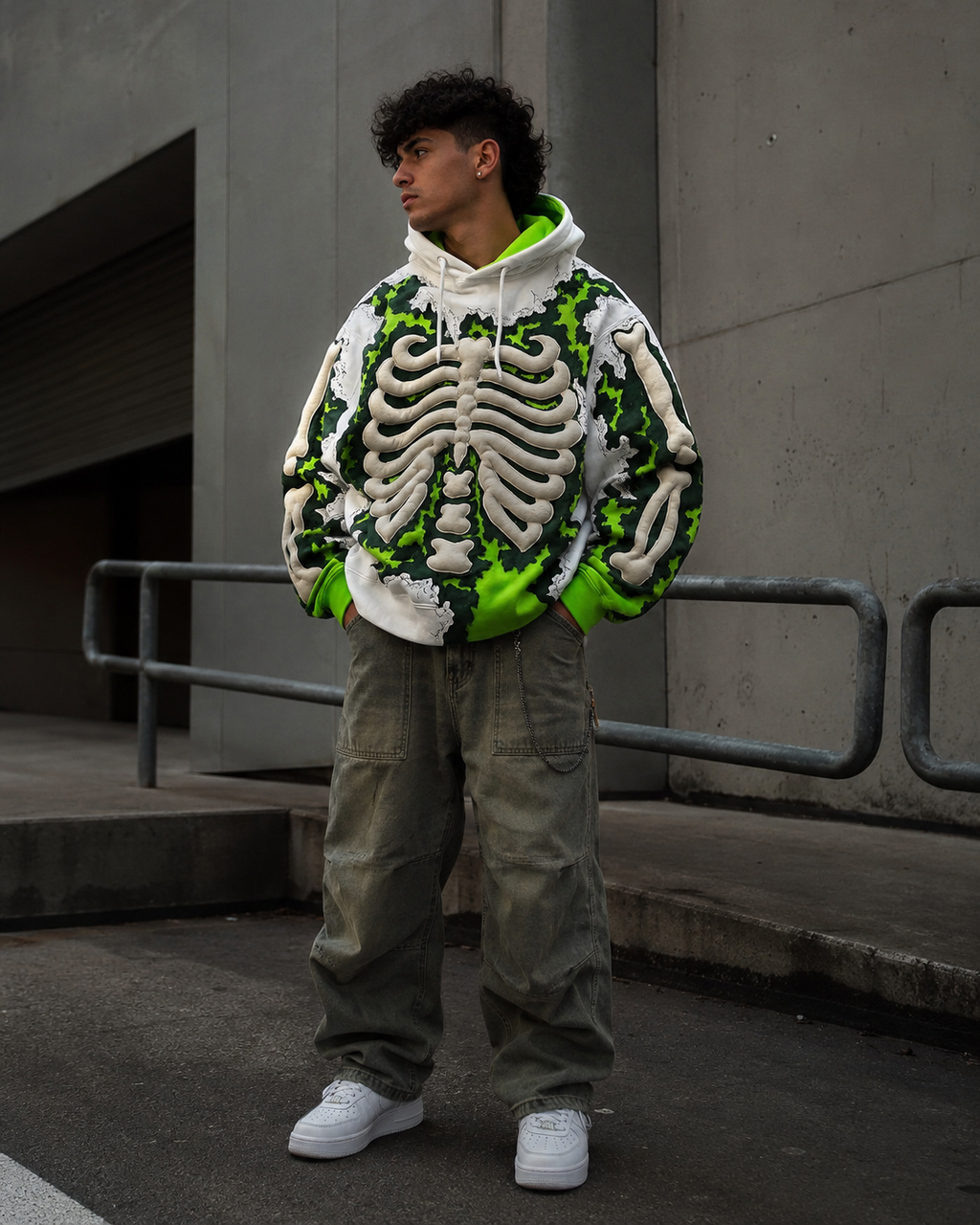 Model wearing Noctra Venom Core oversized green streetwear hoodie