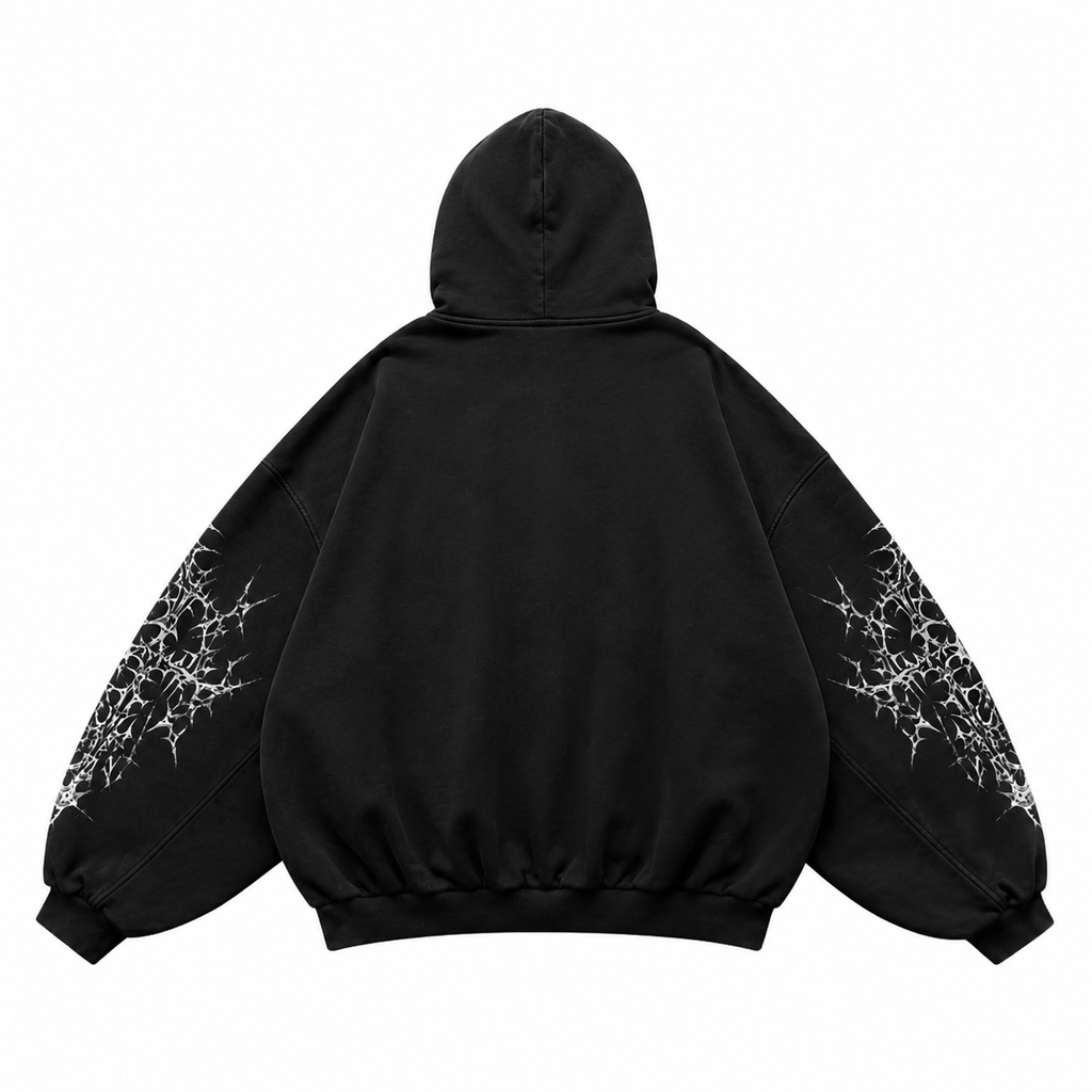 Back view of Noctra black oversized gothic hoodie with graphic sleeves