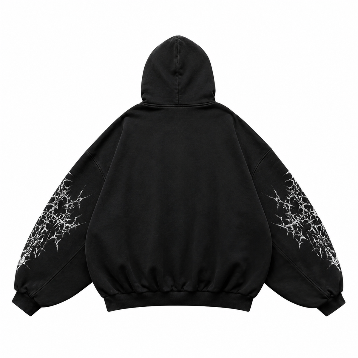 Back view of Noctra black oversized gothic hoodie with graphic sleeves