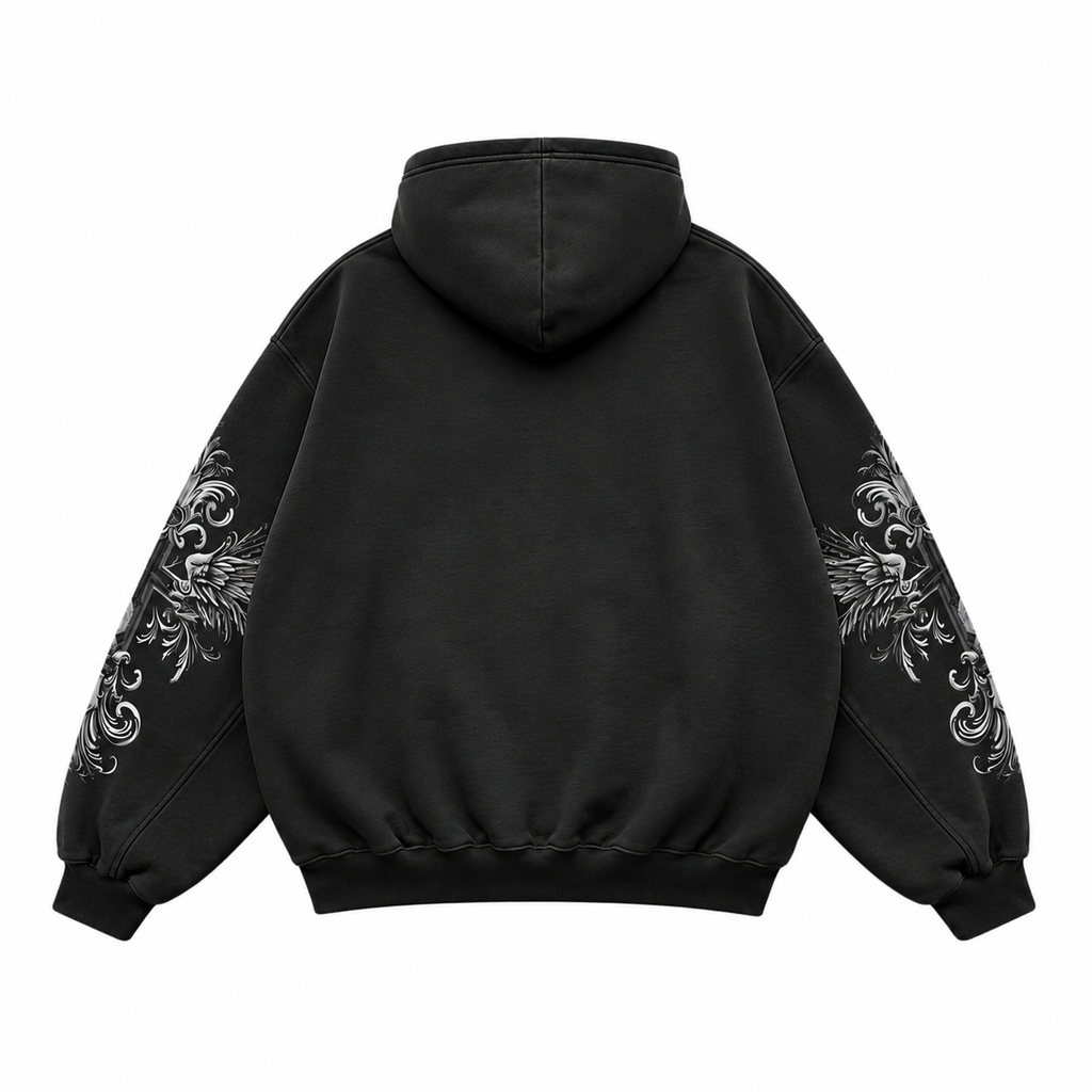 Back view of Noctra Twin Seraph black gothic oversized hoodie