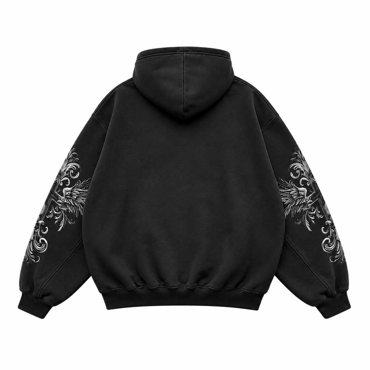 Back view of Noctra Twin Seraph black gothic oversized hoodie