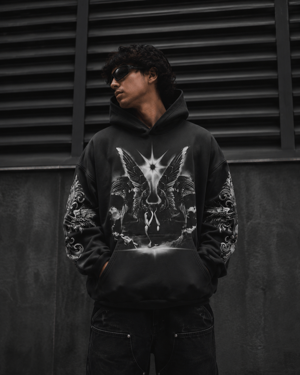 Model wearing Noctra Twin Seraph black gothic oversized hoodie
