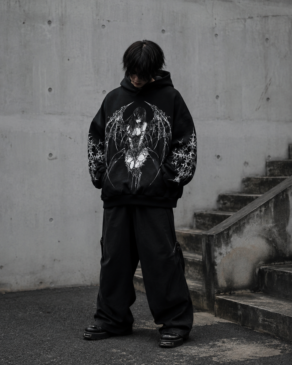 Model wearing Noctra Forsaken Angel gothic oversized hoodie