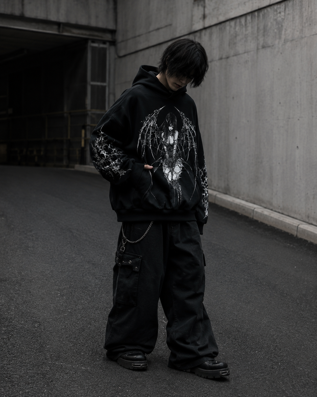 Noctra Forsaken Angel black gothic streetwear hoodie on model