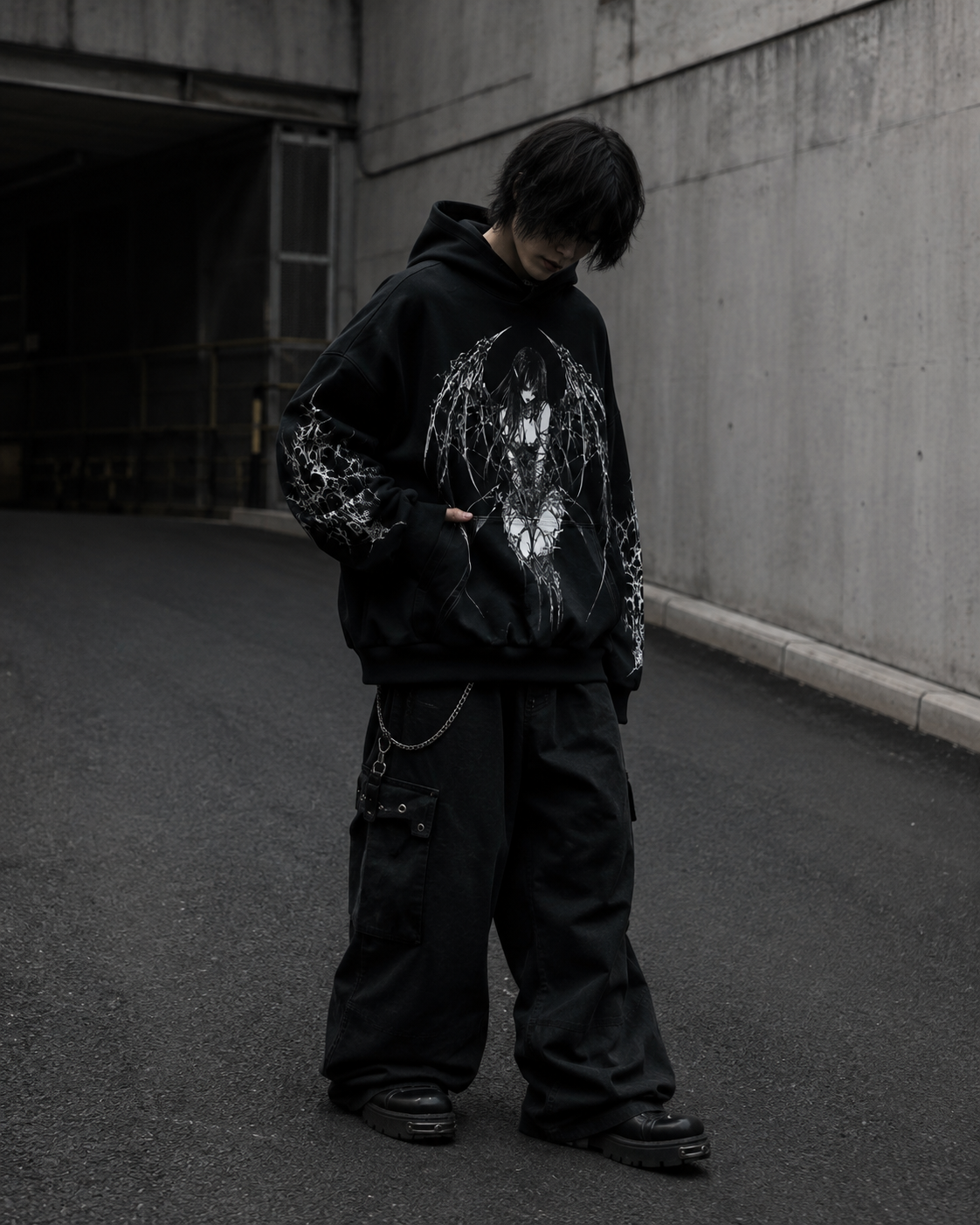 Noctra Forsaken Angel black gothic streetwear hoodie on model