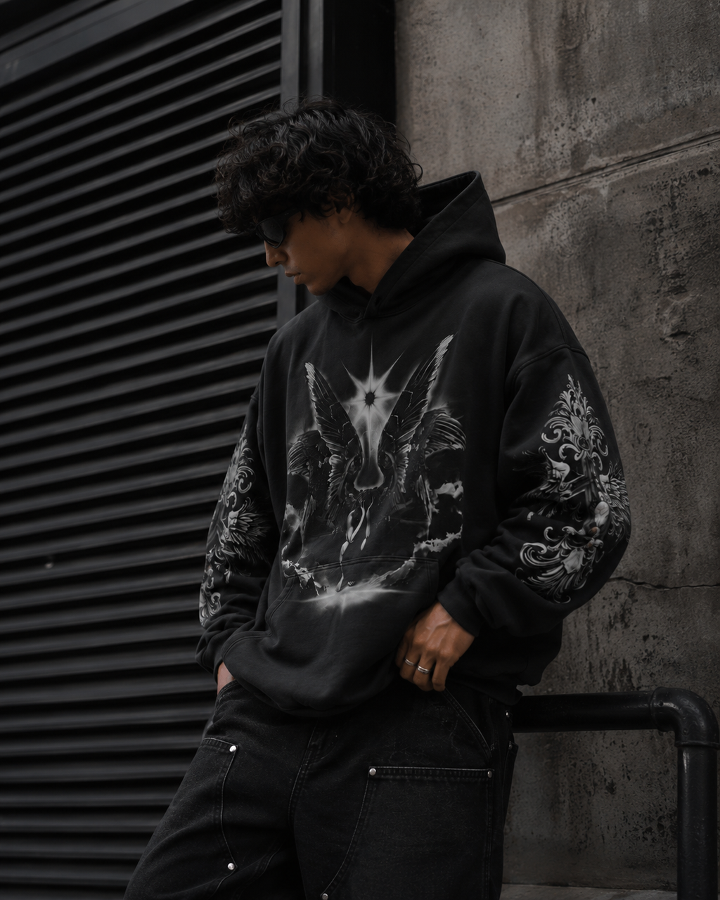 Noctra Twin Seraph black gothic hoodie with ornate sleeve graphics