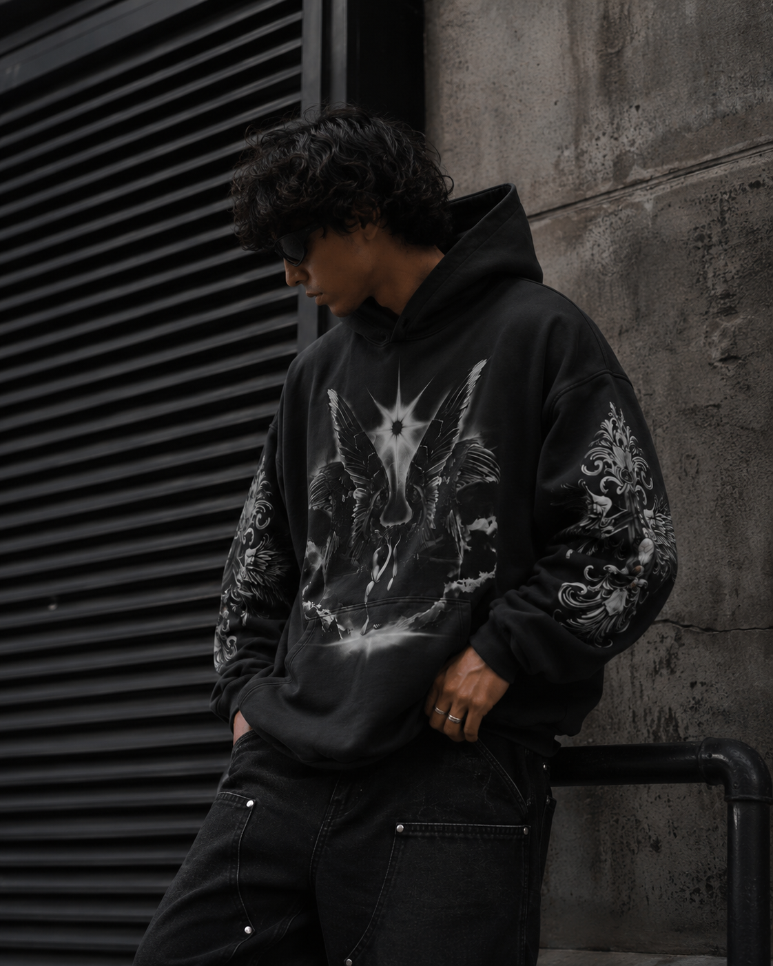 Noctra Twin Seraph black gothic hoodie with ornate sleeve graphics