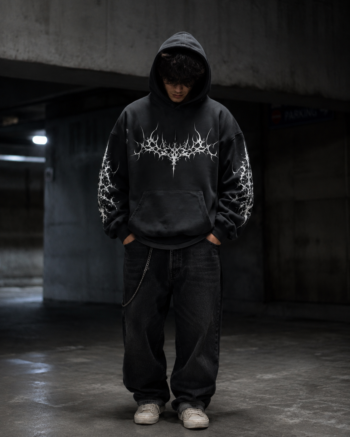 Model wearing Noctra Black Ritual black gothic oversized hoodie