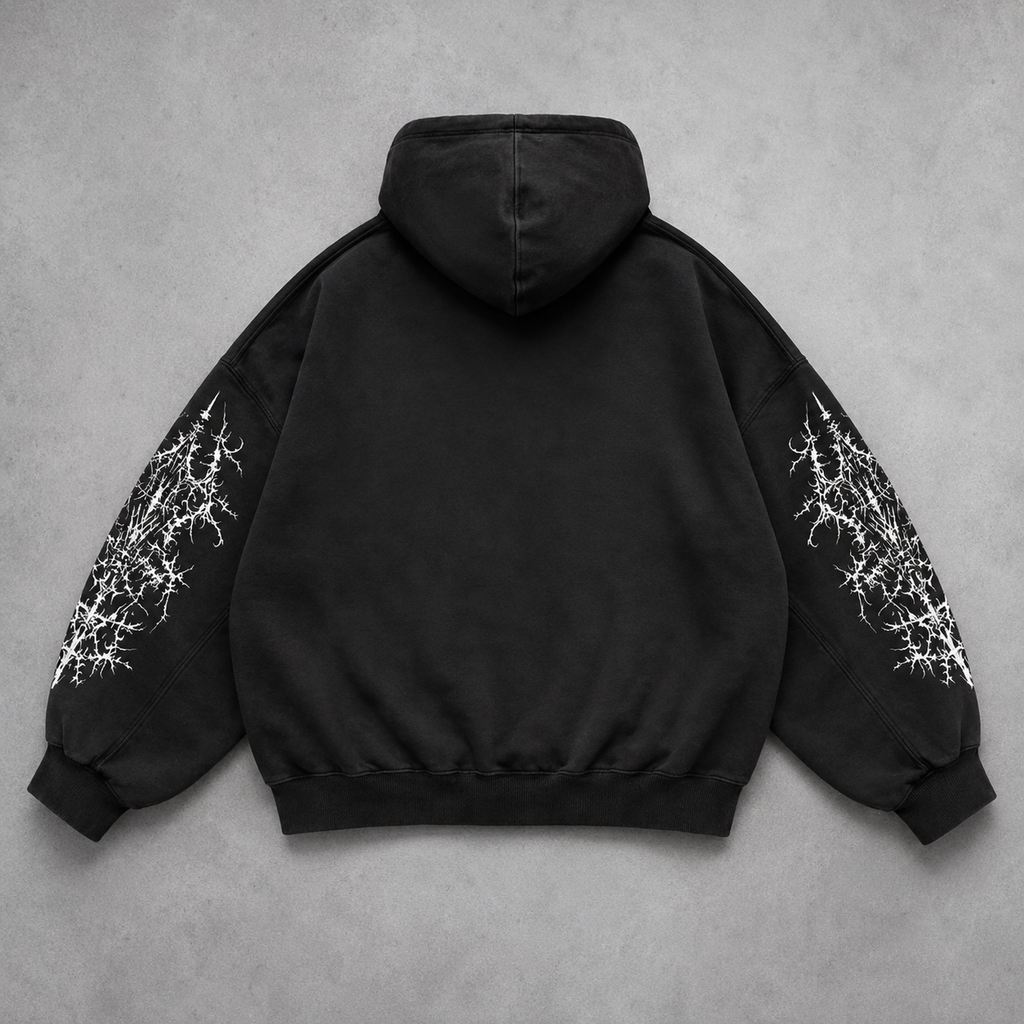Back view of Noctra black oversized hoodie with gothic sleeve graphics