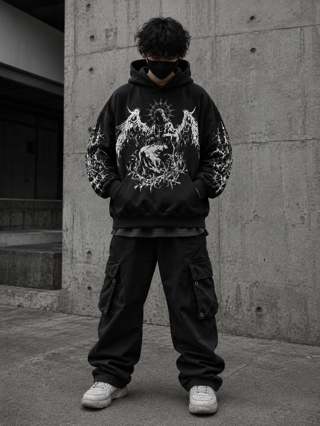 Model wearing Noctra Fallen Seraph black gothic oversized hoodie