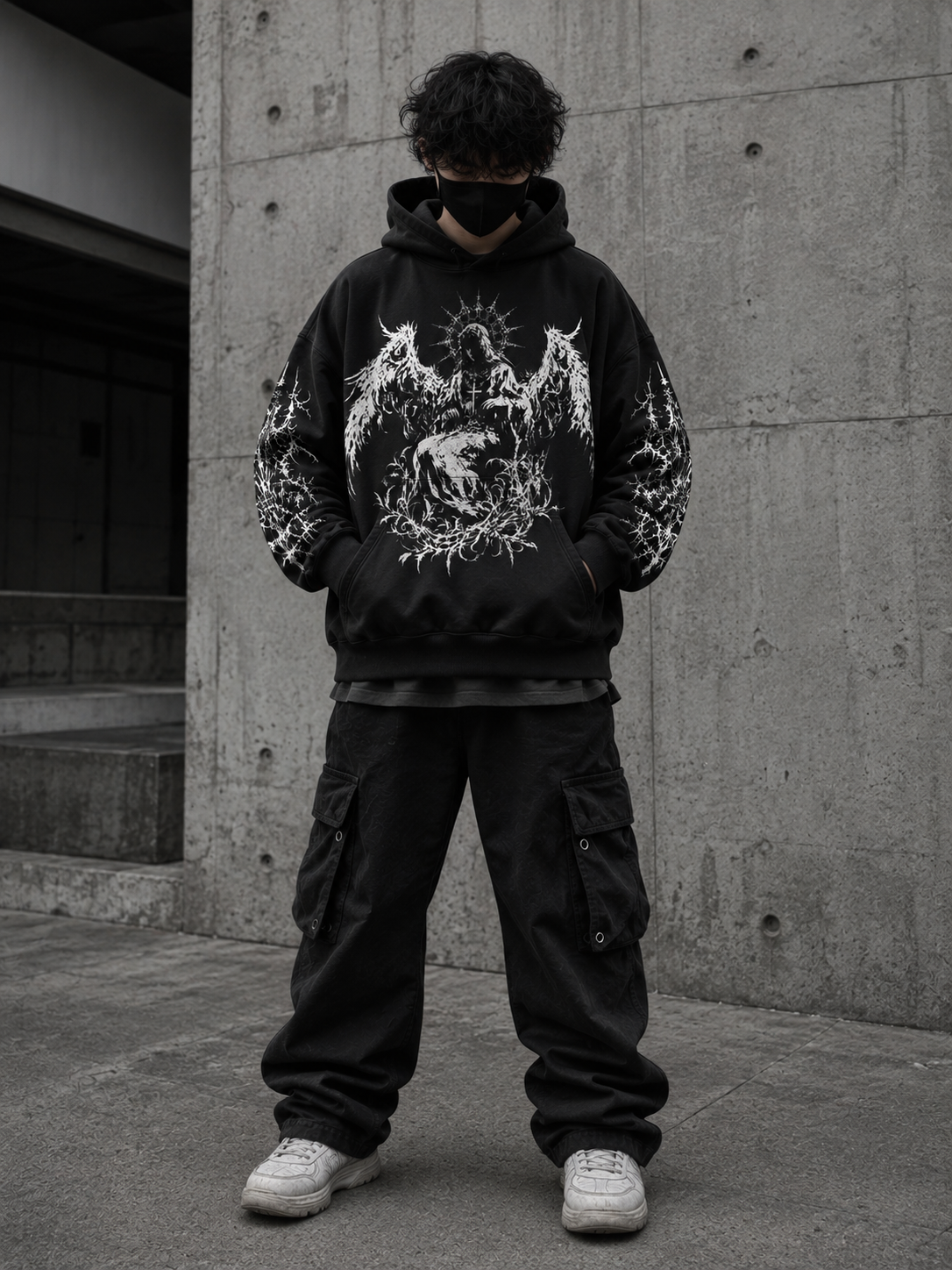 Model wearing Noctra Fallen Seraph black gothic oversized hoodie