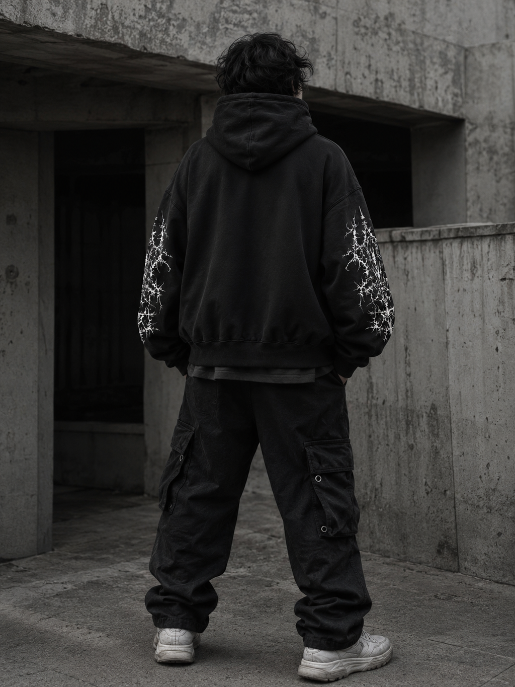 Back view of black oversized gothic hoodie with detailed sleeve graphics