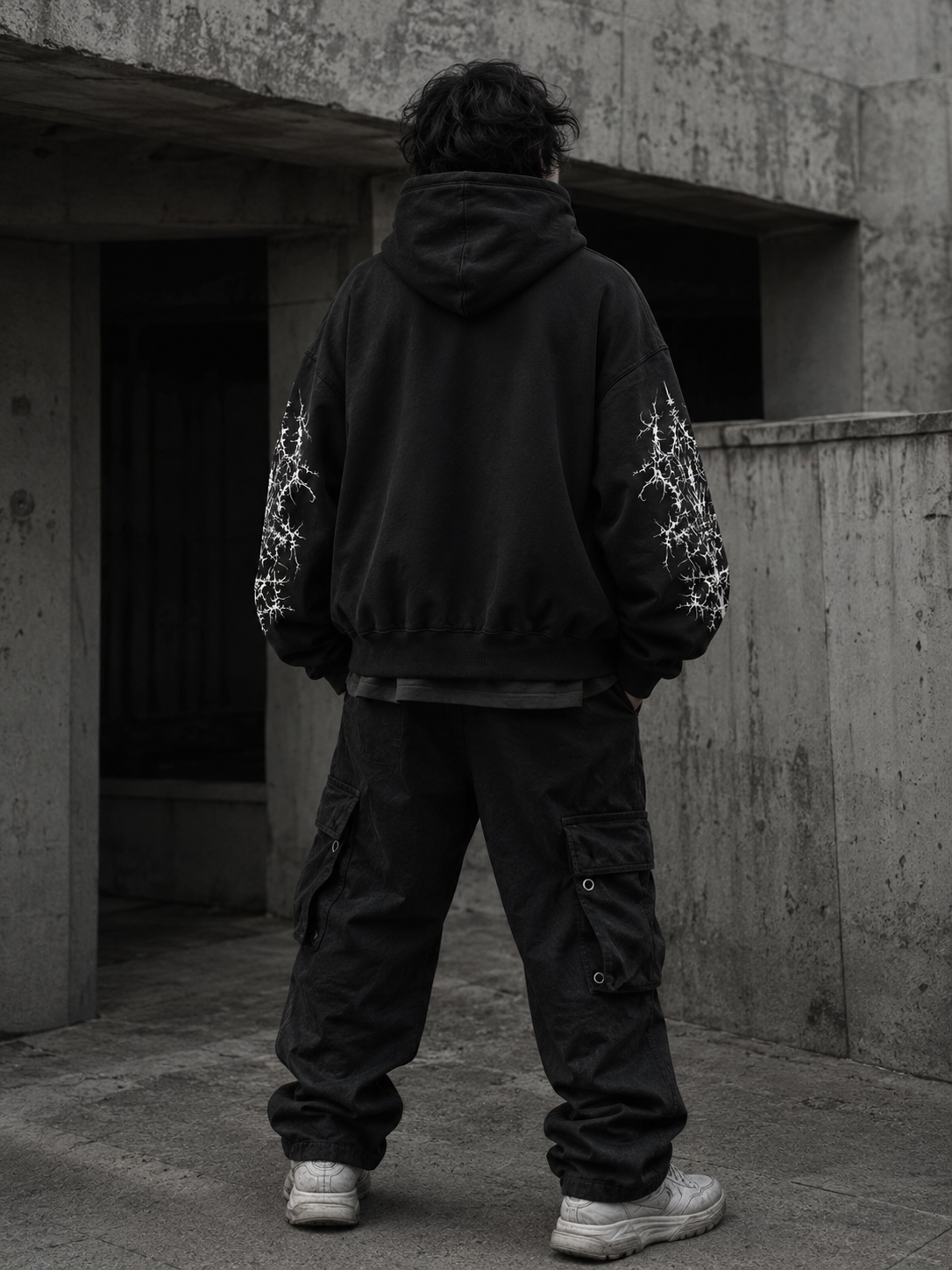 Back view of black oversized gothic hoodie with detailed sleeve graphics