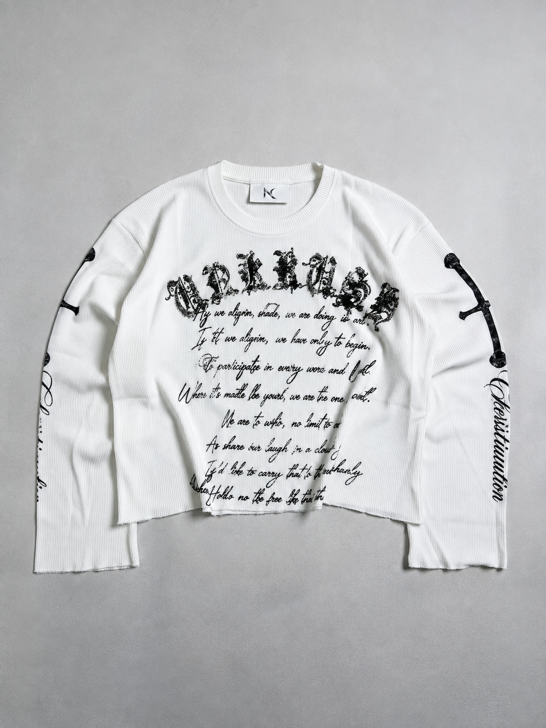 Noctra Oblique White Waffle Long Sleeve Oversized T-Shirt with Gothic Print
