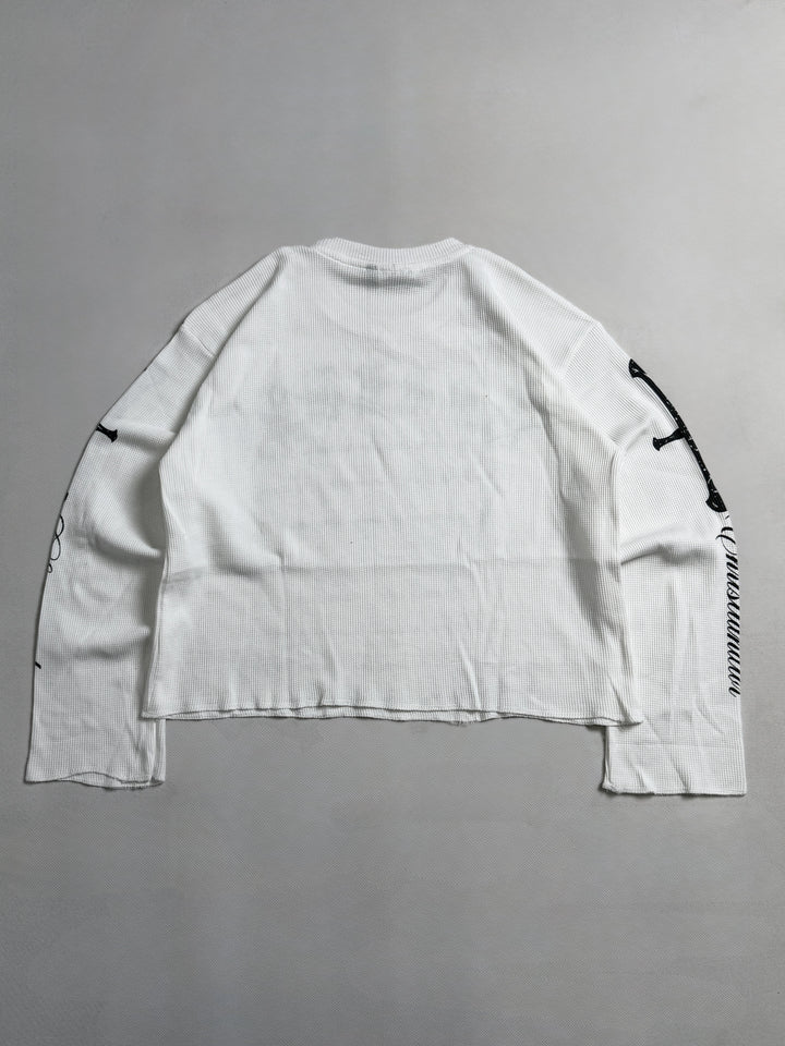 Back view of Noctra White Waffle Long Sleeve Oversized T-Shirt