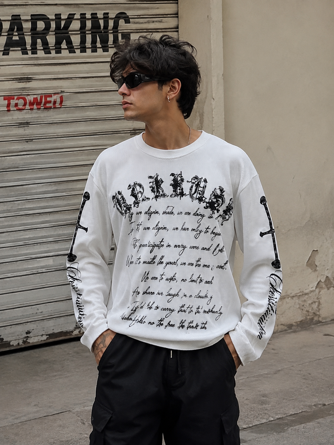 Model wearing Noctra Oblique White Waffle Long Sleeve Oversized Streetwear T-Shirt