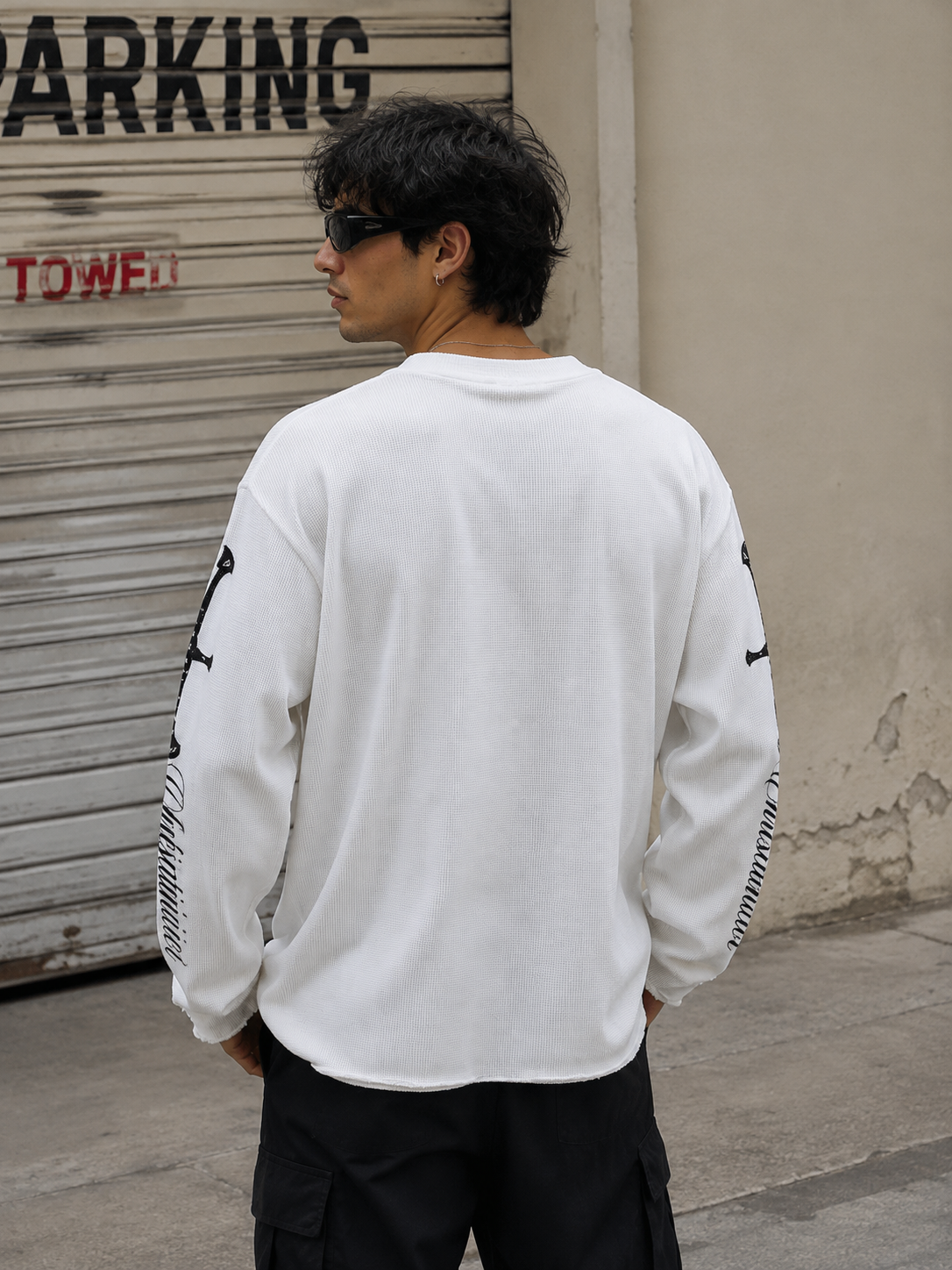 Back view of Noctra White Waffle Long Sleeve Oversized Thermal Tee