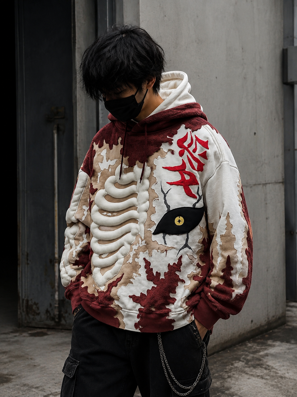 Model wearing Noctra Ivory Rift oversized heavyweight hoodie