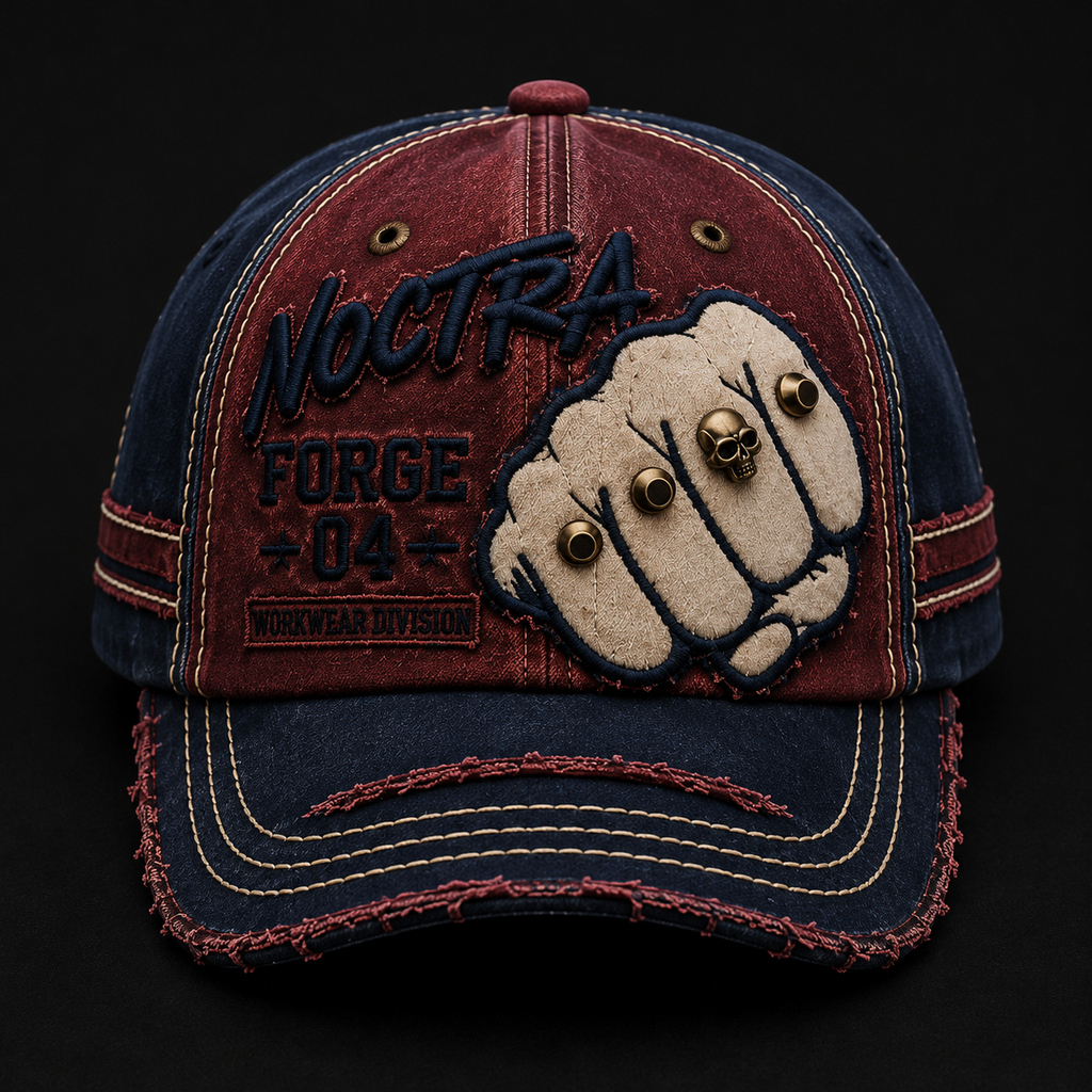 Noctra Forge 04 Navy × Burgundy vintage baseball cap front view