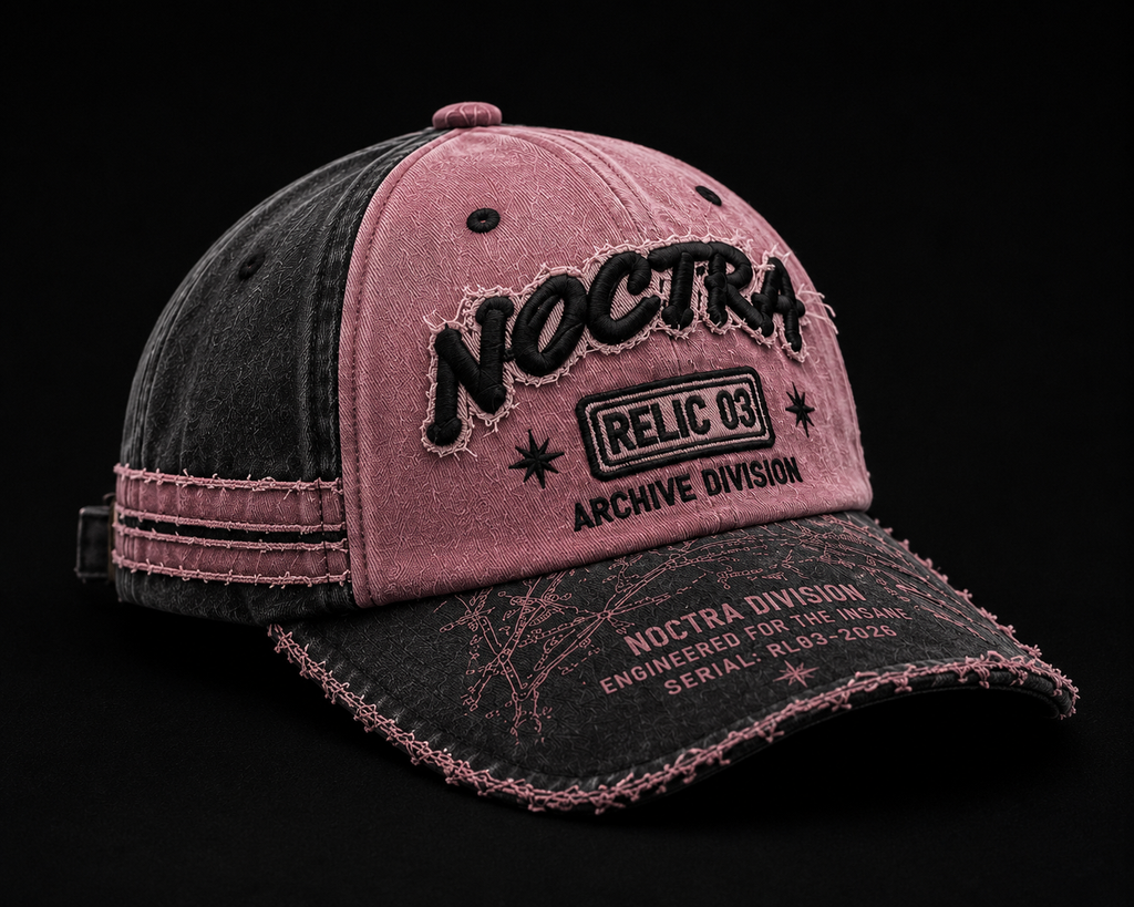 Noctra Relic 03 Pink × Charcoal vintage baseball cap front view