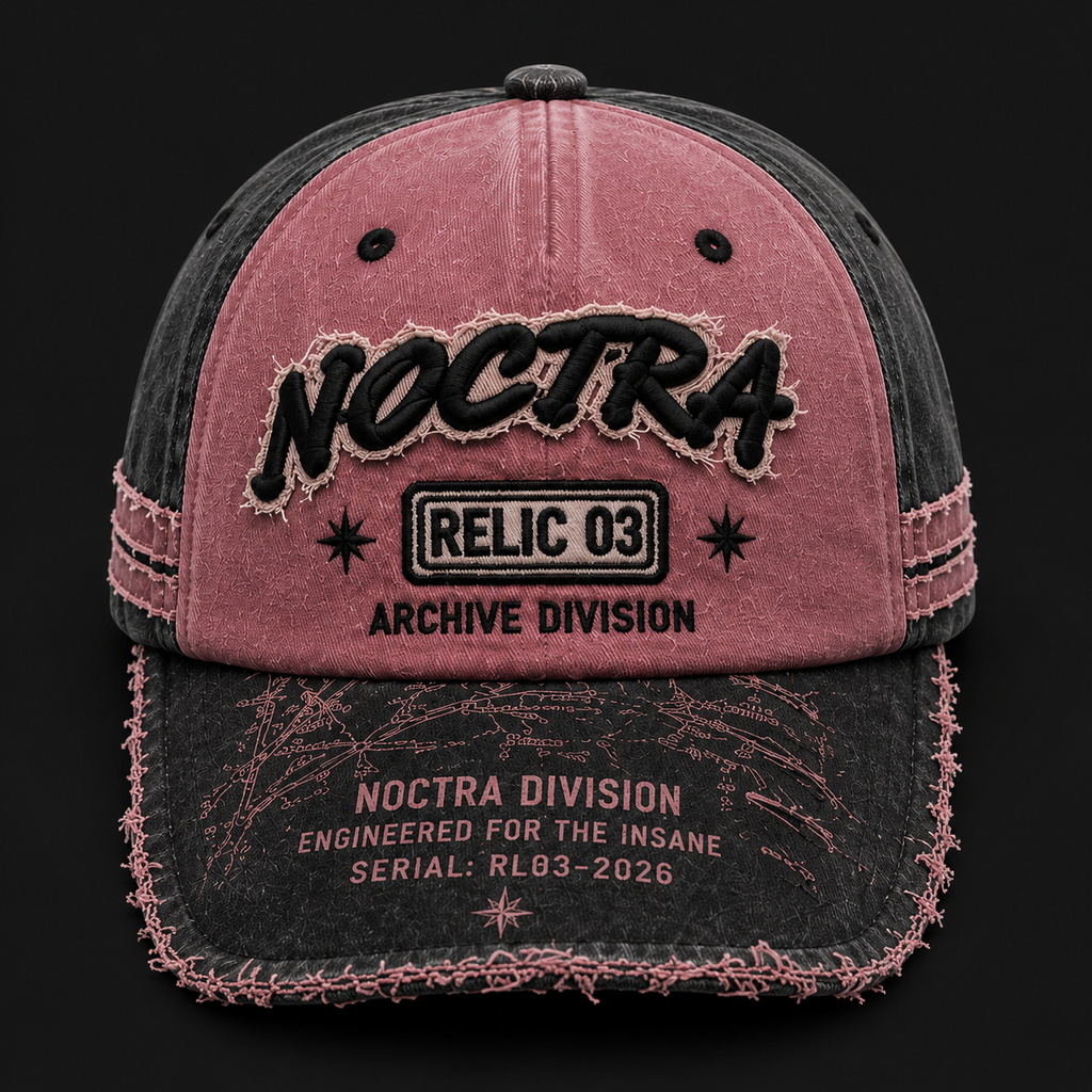Noctra Relic 03 Pink × Charcoal vintage baseball cap front view