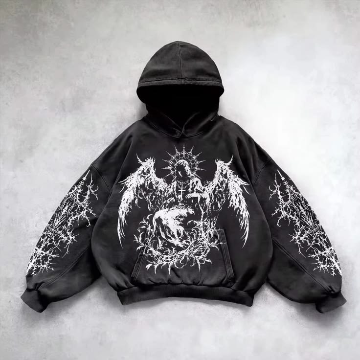 Noctra Fallen Seraph black gothic oversized hoodie with fallen angel graphic