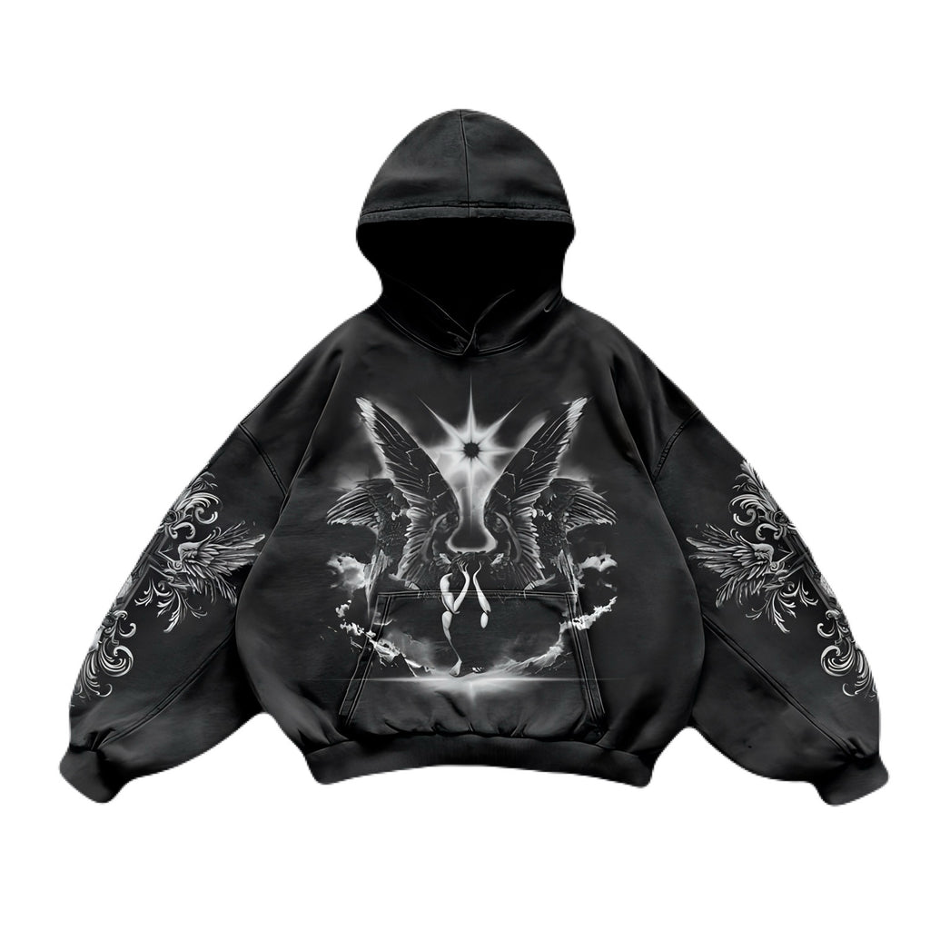 Noctra Twin Seraph black oversized hoodie with celestial angel graphic