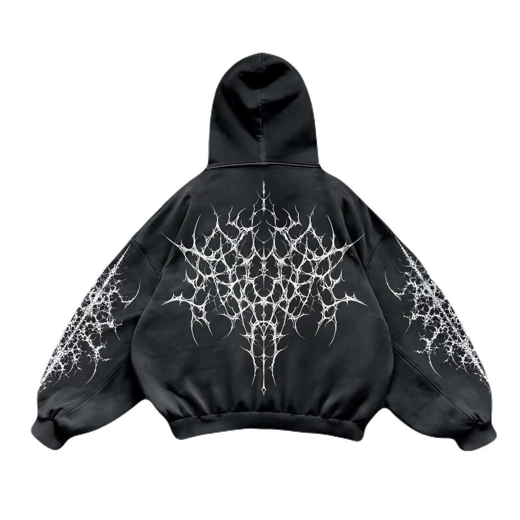 Back view of Noctra Black Ritual oversized gothic hoodie with graphic sleeves